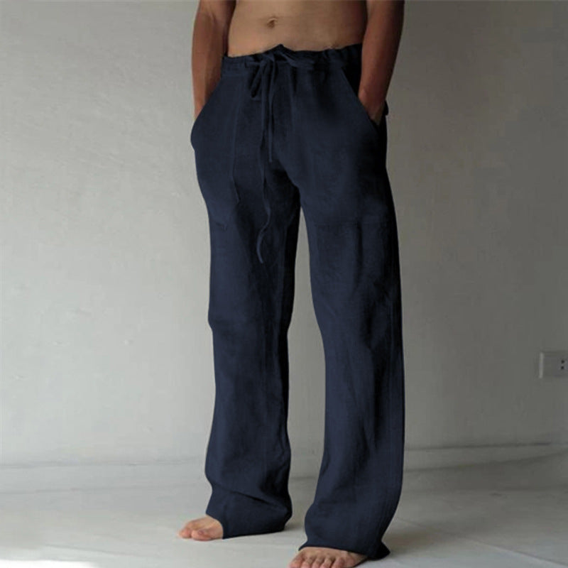 Men Drawstring Linen Wide‑Leg Casual Long Pants